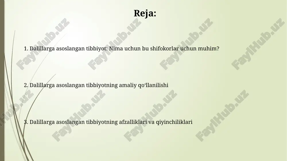 anishi kerak. 3 ta muhim qadam: mavjud dalillarni tanqidiy baholash, ularning amaliyotda qo'llanilishini aniqlash va natijalarni doimiy ravishda monitoring qilish. dalillarni qidirish va baholash usullari sistematik adabiyot qidiruvi pubmed, cochrane library kabi ma'lumotlar bazalaridan foydalanishni o'z ichiga oladi, qidiruv strategiyasi aniq mezonlarga asoslanadi, natijalar esa prisma tamoyillari asosida saralanadi. rct (randomizatsiyalashgan klinik sinovlar) sifatini baholash uchun cochrane collaboration's risk of bias tool ishlatiladi. ushbu vosita tanlash biasini, amalga oshirish biasini va aniqlash biasini aniqlashga yordam beradi. klinik savolni shakllantirish (pico) pico klinik savolni aniqlash uchun zarur, chunki u 4 ta elementni – patient/problem (bemor/muammo), intervention (aralashuv), comparison (taqqoslash) va outcome (natija)ni aniq ko'rsatadi. pico modeli, masalan, “60 yoshdagi bemorlarda yuqori qon bosimini davolashda a dori b dorisiga nisbatan yurak xurujini kamaytirishda samaralimi?” kabi aniq savollarni tuzishga yordam beradi. sistematik adabiyot sharhlari va meta-tahlil sistematik adabiyot sharhlari aniq savolga javob berish uchun tadqiqotlarni tizimli ravishda aniqlaydi, baholaydi va sintez qiladi, biasni …