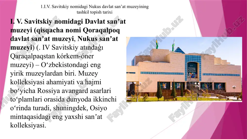 nning eng muhim dekorativ-amaliy sanʼati toʻplamlarini va noyob arxeologik toʻplamni yigʻishga muvaffaq boʻldi. 1984-yilda i. v. savitskiy vafot etdi va muzey direktori i. v. savitskiyning doʻsti, qoraqalpoq olimi m.nurmuhamedovning qizi marinika maratovna babanazarova boʻldi. 2003-yil sentabr oyida muzey xalqaro tashkilotlar tomonidan muzey ashyolarini saqlash va namoyish etish boʻyicha zamonaviy talablar asosida jihozlangan uch qavatli yangi binoga koʻchdi. 2010-yil dekabr oyida sharq xalqlari sanʼati davlat muzeyida i. a. savitskiyga bagʻishlangan „oʻzbekiston durdonasi“ hujjatli filmi va uning sharafiga qoʻyilgan davlat sanʼat muzeyining taqdimoti boʻlib oʻtdi. 2015-yilda babanazarova muzey kolleksiyalaridan asarlar yoʻqolganlikda ayblangan. bundan avval oʻzbekiston davlat muzeylaridan shaxsiy kolleksiyalarda paydo boʻlgan rasmlarning yoʻqolishi haqidagi shov-shuvli hikoyalar paydo boʻldi. biroq, tekshiruvlarning hech birida oʻgʻirlik faktlari aniqlanmadi va babanazarova baribir ishdan boʻshatildi, bu esa jahon madaniy hamjamiyatida toʻplam uchun xavotir uygʻotdi. 2016-yilning fevral oyida direktor lavozimiga oʻzbekiston fanlar akademiyasi qoraqalpogʻiston boʻlimining gumanitar fanlar ilmiy-tadqiqot institutiga avval rahbarlik qilgan maqset karliboyev tayinlangan edi. 2.muzey kolleksiyasi …