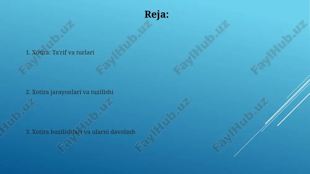 k saqlash qobiliyatiga ega bo'lib, diqqatni jamlash, tahlil qilish va qaror qabul qilish kabi kognitiv vazifalarni bajarishda muhim rol o'ynaydi. fonologik pastadir tizimi ichki ovozni yaratib, nutq asosidagi ma'lumotlarni taxminan 2 soniya davomida saqlaydi, shu bilan tilni tushunish va ishlab chiqarish qobiliyatini qo'llab-quvvatlaydi. uzoq muddatli xotira (um) uzoq muddatli xotira (um) cheksiz sig'imga ega va faktlar, tushunchalar va tajribalar kabi turli xil ma'lumotlarni o'z ichiga oladi, ular bir necha daqiqadan butun umr davomida saqlanishi mumkin. um ikki asosiy turga bo'linadi: deklarativ (aniq) xotira, masalan, 1492 yilda amerika kashf etilgani va deklarativ bo'lmagan (noaniq) xotira, velosiped haydash kabi protseduralarni o'z ichiga oladi. deklarativ (ochiq) xotira deklarativ xotira, 2 turga bo'linadi: epizodik (shaxsiy tajribalar, sana va joylar bilan bog'liq) va semantik (faktlar, tushunchalar, 7 milliarddan ortiq odam haqidagi ma'lumotlar). deklarativ xotira buzilishlari, masalan, amneziya, bemorning yangi xotiralarni shakllantirish yoki 1990-yillarga oid eski xotiralarni eslash qobiliyatiga ta'sir qilishi mumkin. protseduraviy (yashirin) xotira protseduraviy …