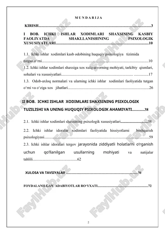 yoshlarga tarbiya berish, psixologiya va boshqa turli sohalarda kadrlarni tayyorlash va qayta tayyorlash bo‘yicha murakkab vazifalar turibdi. shavkat mirziyoyev kirish mavzuning dolzarbligi: butun dunyo mamlakatlarida shu jumladan, o‘zbekiston respublikasida ham fan va texnika sohasida erishilayotgan ulkan yutuqlar barcha fanlar qatori psixologiya sohasining rivojiga ham ijobiy ta’sir ko‘rsatmoqda. fan va ta’lim sohasida tub islohotlarning amalga oshirilishi o‘zbekistonda psixologiya fani sohasidagi taraqqiyot ijobiy ma’nodagi keskin burilishlarni yuzaga keltirdi. jumladan, jamiyat, mamlakat manfaatlarini himoya qilish, davlat daxlsizligi va yaxlitligini saqlash, fuqarolar haq-huquqlari va osoyishtaligini himoya qilish, xullas insonparvar, rivojlangan huquqiy-demokratik davlat qurishda faol ishtirok etuvchi shaxslar ongini shakllantirish, zamon talablariga mos mutaxassislar tayyorlash masalasi dolzarb vazifalardan biridir. o‘zbekiston psixolog olimlari tomonidan olib borilayotgan ilmiy-amaliy tadqiqotlar ham ushbu masalaning yechimiga qaratilgan. ayniqsa, o‘zbek oilasining etnopsixologik xususiyatlari, psixologiya tarixi, o‘zbek xalqining milliy psixologik qiyofasi, ijtimoiy-psixologik masalalar talqini, ta’lim va tarbiya psixologiyasining zamonaviy muammolari, eksperimental psixologik izlanishlarning turli sohalar bilan bog‘lab o‘rganilishini fikrimizning dalili sifatida keltirish …