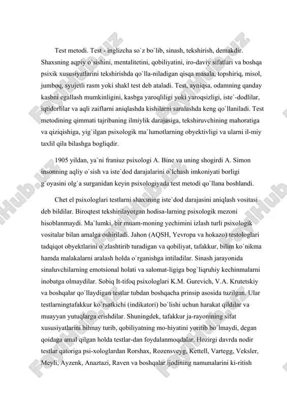 atning mo-hiyatini yoritib bo`lmaydi, degan qoidaga amal qilgan holda testlar-dan foydalanmoqdalar. hozirgi davrda nodir testlar qatoriga psi-xologlardan rorshax, rozensveyg, kettell, vartegg, veksler, meyli, ayzenk, anaztazi, raven va boshqalar ijodining namunalarini ki-ritish mumkin. psixologiyada testlar quyidagi turkumlarga, turlarga ajratilgan holda qo`llaniladi. eng keng tarqalgan testlar qatoriga: bilim, ko`nikma va malakalarni egallaganlik darajasini aniq-lashga qaratilgan diagnostik metodlardan biri maqsadga (yutuqqa) erishuv testlari yoki pedagogik testlar deb nomlanadi; bu tur hara-kat testlari (mexanizmlar, materiallar, instrument kabilardan foydalanishga mo`ljallangan), yozma testlar (maxsus blankalardagi savollardan bitta to`g`risini topishga yoki rasmdan muhim tomonini ajratishga yo`naltirilgan), og`zaki testlar (savollar tizimi umumiy ga`lim va kasb ta`limida tayyorgarlik darajasini aniklaydi). insonningakl idroki, akl zakovati, aqliy qobiliyati va fikr-lash darajasini o`lchashga mo`ljallangan testlar intellekt testlari deyiladi; ular verbal va noverbal shakllarda tuzilgan bo`lib, aqliy imkoniyat, uquvchanlik, topqirlik, zehn, farosatlilik, aqliy taraq-qiyot darajasini aniqlash uchun xizmat qiladi; test topshiriqlari yo`riqnomasida analogiyaga, umumlashtirishga, tushunchalarga, tavsif-lashga mantiqiy munosabatni aniqlash talab etiladi. ijodiyot (kreativlik) …