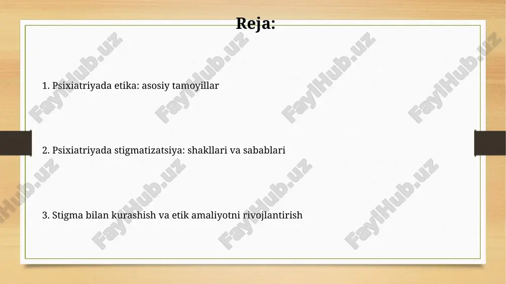 isbatan 19-asrning salbiy munosabatini kuchaytiradi. madaniy e'tiqodlar ruhiy kasallikni aybdorlik yoki jazolash sifatida ko'rsatadi, bemorlarga nisbatan jamoatchilikning ajratilishiga olib keladigan 20-asr stereotiplarini kuchaytiradi. psixiatrik etika tamoyillari: autonomiya, adolat, xayrixohlik avtonomiya bemorning o'z taqdirini o'zi belgilash huquqini anglatadi, masalan, 1998-yilgi qonun bilan belgilangan davolanishdan voz kechish huquqi. adolat barcha bemorlarga teng munosabatda bo'lishni nazarda tutadi, bunda resurslar adolatli taqsimlanadi va diskriminatsiya holatlari yo'q qilinadi. stigmaning bemorlarga ta'siri: salomatlik va farovonlik ijtimoiy stigma bemorlarga tibbiy yordamga murojaat qilishni 40% gacha kamaytirishi mumkin, bu esa kasallikning surunkali shaklga o'tish xavfini oshiradi. o'ziga xos stigma bemorning o'ziga bo'lgan ishonchini 60% gacha pasaytiradi, bu esa ijtimoiy izolyatsiya va depressiya holatiga olib kelishi mumkin. psixiatrik yordamga kirishdagi to'siqlar psixiatrik yordam olishdagi asosiy to'siqlardan biri 60-70% hollarda davolanishni kechiktiradigan stigma va xabardorlikning yetishmasligidir. geografik cheklanishlar, ayniqsa qishloq joylarda, mutaxassislarning yetishmasligi sababli psixiatrik xizmatlarga kirishda 45% gacha qiyinchiliklar tug'diradi. shifokor-bemor munosabatlarida etika va stigma shifokor-bemor munosabatlarida xolislik tamoyili …