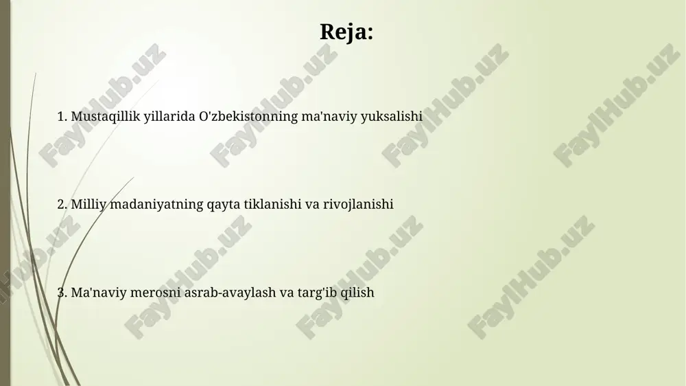 n'ati 1990-yillardan boshlab milliy o'zlikni anglashga, an'analarni qayta tiklashga qaratilgan yangi bosqichga ko'tarildi. adabiyotda abdulla qodiriy, cho'lpon kabi jadid adiblarining merosi 20 dan ortiq kitoblarda qayta nashr etilib, ularning ijodi keng o'rganildi. din va ma'naviyat erkinligi mustaqillik yillarida 130 dan ortiq millat va elat vakillarining diniy ehtiyojlarini qondirish uchun sharoitlar yaratildi, bu erkinlikning muhim ko'rsatkichidir. konstitutsiyaning 31-moddasida vijdon erkinligi kafolatlanishi, har kim xohlagan dinga e'tiqod qilish yoki hech qanday dinga e'tiqod qilmaslik huquqiga ega ekanligi belgilab qo'yilgan. e'tiboringiz uchun rahmat image2.jpg image3.jpg image4.jpg image5.jpg image6.jpg image7.jpg