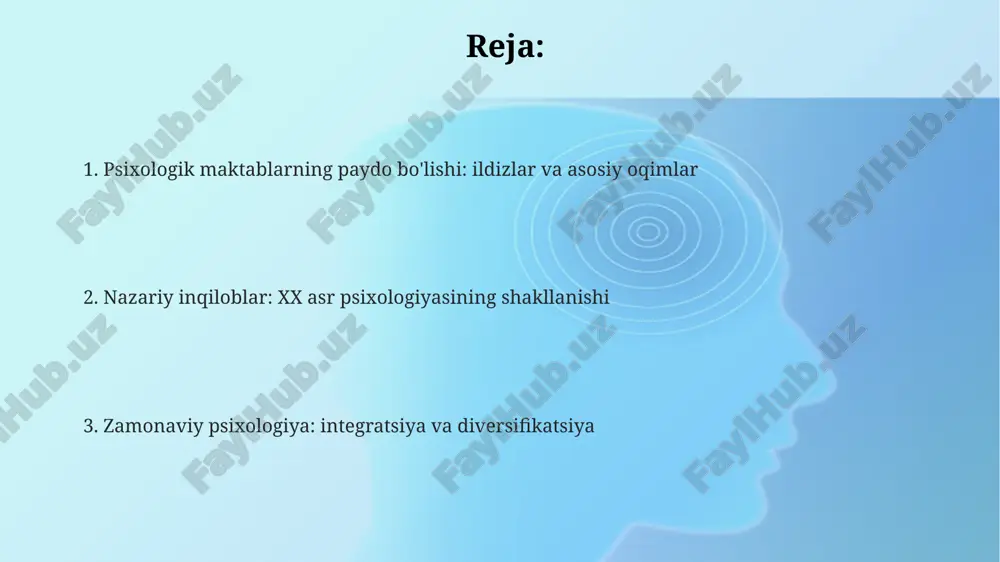 vojlanishida integratsiya kuzatiladi, masalan, kognitiv-xulqiy terapiya, 1960-yillardan beri xulq-atvor va kognitiv yondashuvlarni birlashtirgan samarali usuldir. nevrologiya va genetika kabi fanlar bilan integratsiya tufayli, psixologiyada 21-asrda biologik psixologiya rivojlandi, bu esa miya faoliyati va xulq o'rtasidagi bog'liqlikni o'rganadi. e'tiboringiz uchun rahmat @taqdimot_robot image2.png image1.png