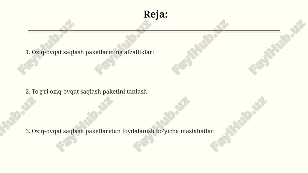ng, ularni to'ldirishdan oldin 2,5 sm bo'sh joy qoldiring, mahsulot kengayishi uchun. quruq mahsulotlarni, masalan, yormalar yoki unni, havo o'tkazmaydigan idishlarda +15 dan +20 daraja selsiygacha bo'lgan quruq va salqin joyda saqlang, bu ularning sifatini 6 oygacha saqlashga yordam beradi. e'tiboringiz uchun rahmat @taqdimot_robot image3.png