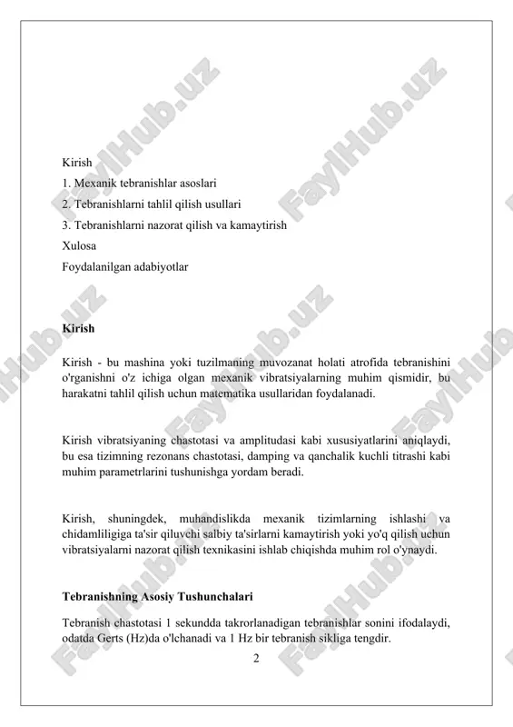 amayishiga olib keladi. majburiy tebranish majburiy tebranishlar tashqi ta'sir ostida yuzaga keladi, bunda tebranish chastotasi tashqi kuchlanishning chastotasiga bog'liq bo'lib, rezonans hodisasi 1 ga tenglashganda sodir bo'ladi. so'nish koeffitsienti (ζ) 0.2 dan kam bo'lganda majburiy tebranishlar katta amplituda bilan kechadi, energiya uzluksiz ravishda tizimga tashqi manbadan 5 n gacha yetkazib turiladi. majburiy tebranishlarda amplituda tashqi kuchlanishning amplitudasi va tebranish chastotasiga bog'liq, bu bog'liqlik 10 dan 100 hz gacha bo'lgan oraliqda muhim rol o'ynaydi. dempferlash dempferlash tebranishlarni kamaytirish yoki so'ndirish jarayonidir; masalan, avtomobilning amortizatorlari, 1-3 gts chastotada rezonansdan kelib chiqadigan tebranishlarni yo'q qiladi. dempferlash koeffitsienti (ζ) tizim dempferlash darajasini ko'rsatadi; ζ=0 degani dempfersiz, ζ=1 kritik dempferlangan, ζ>1 esa ortiqcha dempferlangan holatni anglatadi. dempferlash energiyani issiqlikka aylantirish orqali amalga oshiriladi, ko'pincha viskoz dempferlarda. bunday dempferlash 5-10% kritik dempferlash darajasida eng yaxshi ishlaydi. rezonans rezonans - bu tizim tashqi ta'sir chastotasi uning tabiiy chastotasiga yaqinlashganda yuzaga keladigan hodisa, bu esa amplitudaning sezilarli darajada …