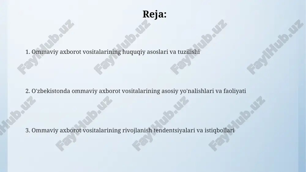 y axborot vositalari integratsiyalashuvi ortib, 2024-yilda sun'iy intellekt texnologiyalari asosida yangiliklar yaratish va tarqatish tendensiyalari kuzatilmoqda. uzbekistonda 2030-yilgacha oav erkinligini ta'minlash, jurnalistlarning huquqlarini himoya qilish va media savodxonligini oshirish istiqbollari dolzarb vazifalardan hisoblanadi. e'tiboringiz uchun rahmat @taqdimot_robot image4.png image5.png image3.jpeg