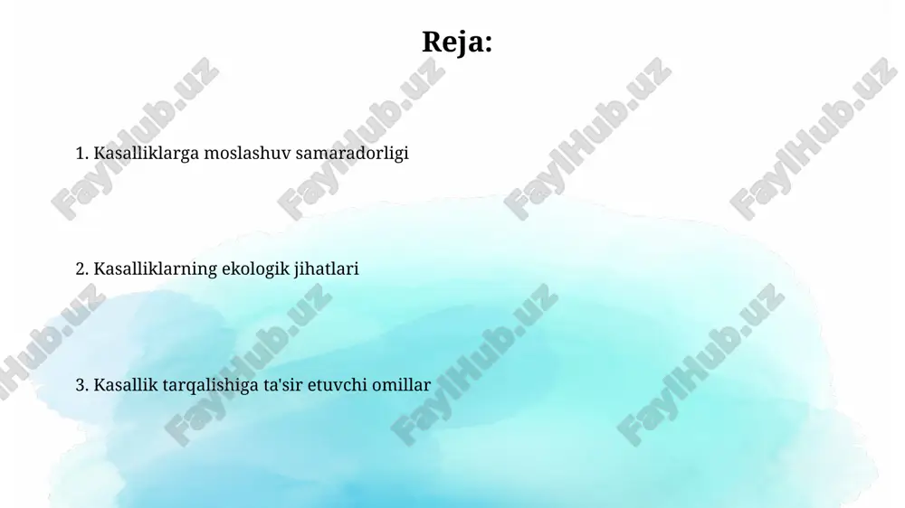ning adaptiv strategiyalari ba'zi patogenlar antigen drift orqali tezda o'zgaradi, bu ularning immunitet tizimidan qochish va 1-toifa viruslar kabi qayta yuqish imkoniyatini oshiradi. ko'pgina bakteriyalar antibiotiklarga qarshilik ko'rsatish strategiyasiga ega, bu ularga antibiotik 2 va 3 bilan davolanishga moslashish va omon qolish imkonini beradi. xo'jayin organizmlarining immun javoblarining evolyutsiyasi immunitet tizimining evolyutsiyasi parazitlarga qarshi kurashda muhim rol o'ynaydi, genetik rekombinatsiya orqali antitel xilma-xilligini oshiradi (10^13 xil antitel). keng miqyosli tadqiqotlar shuni ko'rsatadiki, asosiy gistomoslashuvchanlik kompleksi (mhc) genlari kasalliklarga chidamlilikda hal qiluvchi ahamiyatga ega (95% hollarda muhim). ekologik omillar va kasallik tarqalishiga ta'siri iqlim o'zgarishi, masalan, haroratning ko'tarilishi, vektorlar (chivinlar, kana) yashash hududini kengaytiradi va kasalliklarni 30% gacha tezroq tarqatishga olib kelishi mumkin. suv havzalarining ifloslanishi, ayniqsa og'ir metallar bilan, ichimlik suv orqali yuqadigan kasalliklarni 25% ga oshirishi mumkin va mikroorganizmlar ko'payishi uchun qulay muhit yaratadi. iqlim o'zgarishining kasallik dinamikasiga ta'siri global haroratning 1.5-2°c ga oshishi bezgak kabi kasalliklarni yuqish hududini …