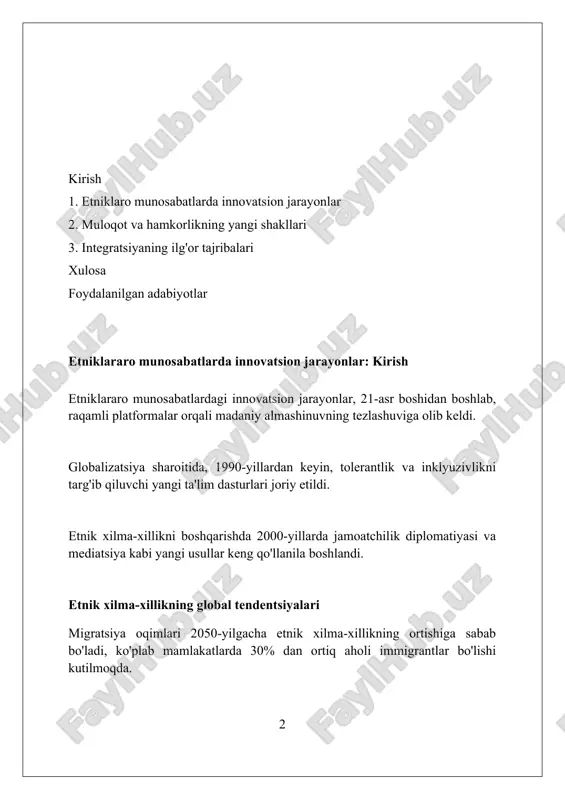 guruhlar o'rtasida o'zaro tushunish va hamkorlikni mustahkamlaydi. unesconing madaniy almashinuv dasturlari, xususan 'yo'qolib borayotgan tillarni saqlash' tashabbusi, etnik guruhlarning lingvistik xilma-xilligini 75%ga ko'paytirishni maqsad qilgan. 'yevropa madaniy yo'li' loyihasi 28 ta davlatda etnik guruhlar merosini o'rganib, ularning tarixiy aloqalarini 60%ga oshirishga qaratilgan hamda madaniy turizmni rivojlantiradi. ta'limning roli: tolerantlik va o'zaro hurmatni shakllantirish ta'lim jarayoni tolerantlikni rivojlantirishda 70% gacha muhim rol o'ynaydi, bu esa turli madaniyatlarga nisbatan hurmat va tushunishni kuchaytiradi. o'zaro hurmatni shakllantirish uchun erta yoshdan boshlab 5 ta asosiy qadriyat: empatiya, bag'rikenglik, adolat, hamjihatlik va ochiqlikni singdirish kerak. ta'lim muassasalari 20 dan ortiq etnik guruh vakillari uchun madaniy almashinuv dasturlarini tashkil etishi, o'zaro tushunish va hurmatni rivojlantirishi zarur. texnologiyalar va raqamli platformalar imkoniyatlari raqamli platformalar interaktiv ta'lim dasturlari orqali madaniy almashinuvni osonlashtiradi, bunda 70% gacha ishtirokchilar turli etnik guruhlardan bo'lishi mumkin. texnologiyalar virtual reallik yordamida empatiyani oshirish uchun 3d madaniy meros ob'ektlarini namoyish etadi, bu esa o'zaro tushunishni …