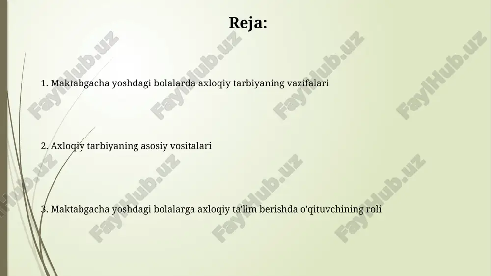 akatlar orqali tushuntiriladi. yomonlik, adolatsizlik kabi tushunchalar 4 yoshdan boshlab, 2 ta oddiy misollar yordamida, masalan, o'yinchoqni tortib olishning yomonligi orqali tushuntiriladi. axloqiy tarbiya usullari va yondashuvlari "hikoya qilish" usuli: 3-5 yoshdagi bolalarga axloqiy tushunchalarni shakllantirishda muhim rol o'ynaydi, hikoyalar orqali yaxshi va yomonni ajratishga o'rgatadi. "o'yinli mashqlar" yondashuvi orqali bolalarda 4 ta asosiy axloqiy fazilatlar: mehribonlik, adolat, halollik va mas'uliyatni rivojlantirish uchun qulay sharoit yaratiladi. o'yinlar orqali axloqiy tarbiya o'yinlar orqali axloqiy tarbiya 3-6 yoshdagi bolalarda do'stlik, hamkorlik va adolat kabi axloqiy tushunchalarni shakllantirish uchun samarali vositadir. rollarga asoslangan o'yinlar, masalan 'doktor', bolalarga boshqalarga g'amxo'rlik qilish va empatiya ko'nikmalarini rivojlantirishga yordam beradi, bu esa axloqiy rivojlanishning 1-bosqichidir. ertaklar va hikoyalar orqali axloqiy tarbiya ertaklar orqali bolalar 3 yoshdan boshlab yaxshi va yomon tushunchalarini ajrata olishni o'rganadilar, 4-5 yoshda esa oqibatlarini anglaydilar. hikoyalar bolalarda 2-6 yosh oralig'ida empatiya, hamdardlik kabi axloqiy fazilatlarni shakllantirishda muhim rol o'ynaydi, ularning 80% qismida ijobiy …