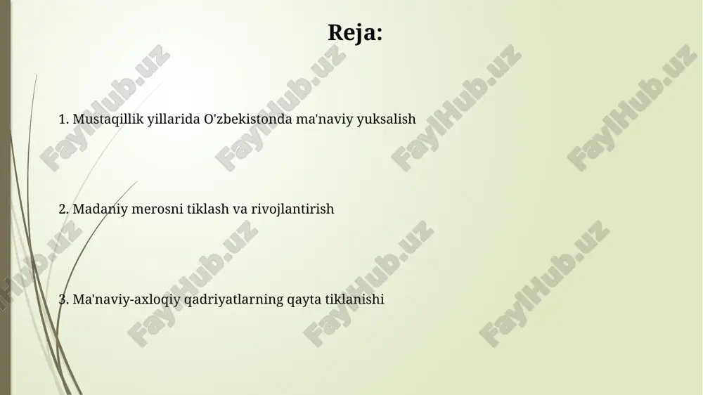400 yillik yubiley doirasida tadqiq etildi. adabiyotda yangi janrlar paydo bo'ldi, jumladan, tarixiy romanlar, dramalar va publitsistika asarlari. chingiz aytmatovning "qiyomat" asari 1986-yilda nashr etilib, katta ta'sir ko'rsatdi. din va ma'naviyat erkinligi mustaqillik yillarida diniy tashkilotlar soni 83 tadan 2,278 taga ko'paydi, bu esa diniy erkinlikning kengayganini ko'rsatadi va fuqarolarning diniy ehtiyojlarini qondirishga imkon yaratadi. 1992-yilda o'zbekiston konstitutsiyasi qabul qilinib, 31-moddada vijdon erkinligi kafolatlangan. bu modda har bir fuqaroning xohlagan diniga e'tiqod qilish yoki hech qanday dinga e'tiqod qilmaslik huquqini belgilaydi. e'tiboringiz uchun rahmat image2.jpg image3.jpg image4.jpg image5.jpg image6.jpg image7.jpg