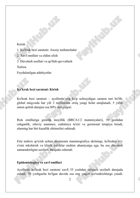 llar uchun har 1-2 yilda bir marta o'tkazilishi lozim, chunki bu bosqichda xavf ortadi va aniqlash samaradorligi yuqori. o'z-o'zini tekshirish har oyning ma'lum bir kunida o'tkazilishi, har qanday o'zgarishlarni erta aniqlashga yordam beradi, garchi u mammografiya o'rnini bosmasa ham. klinik ko'rik shifokor tomonidan kamida 3 yilda bir marta 20-39 yoshdagi ayollar uchun, undan so'ng esa har yili o'tkazilishi, xatarlarni baholash uchun muhim. o'z-o'zini tekshirish va klinik tekshiruv o'z-o'zini tekshirishni har oyda, hayz tugaganidan keyin 7-10 kunda o'tkazish tavsiya etiladi, bu ko'krak to'qimasining gormonal ta'sirini kamaytiradi. klinik tekshiruv 40 yoshdan oshgan ayollar uchun har yili mammografiya bilan birga o'tkazilishi kerak, chunki bu 50 yoshdan keyin saraton xavfini kamaytiradi. ko'krakdagi har qanday o'zgarish, masalan, yangi shish paydo bo'lishi, teri qizarishi yoki so'rg'ichdan suyuqlik kelishi darhol shifokorga murojaat qilishni talab etadi. diagnostika usullari (mammografiya, utt, biopsiya) mammografiya - bu rentgen nurlari yordamida sut bezini tekshirish usuli bo'lib, 40 yoshdan oshgan ayollarga har 1-2 …