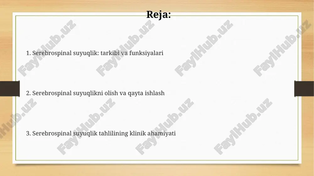 adi. serebrospinal suyuqlikda 100 dan ortiq oq qon hujayralari/mm³ bo'lishi bakterial meningitni ko'rsatadi, bu esa tezkor antibiotik davolashni talab qiladi, natijada oqibatlar og'ir bo'lishi mumkin. glyukoza darajasi qonda glyukoza darajasining 60% dan kam bo'lsa, bakterial yoki zamburug'li infektsiyalar haqida signal beradi, chunki mikroblar glyukozani energiya manbai sifatida ishlatadi. e'tiboringiz uchun rahmat @taqdimot_robot image7.png image3.png image4.png