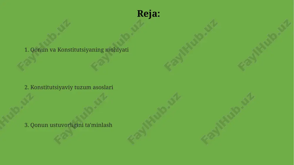 tutsiyaning 15-moddasiga ko'ra, o'zbekistonda konstitutsiya va qonunlarning ustunligi so'zsiz tan olinadi, davlat organlari, mansabdor shaxslar konstitutsiyaga rioya qilishga majburdirlar. e'tiboringiz uchun rahmat @taqdimot_robot image1.png