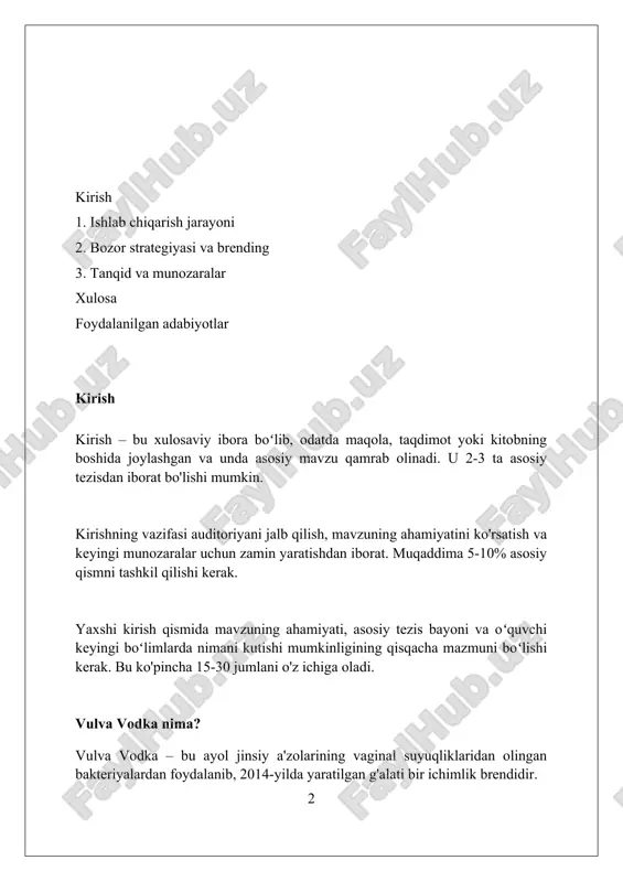 istillash qozonlarida 96% gacha spirt hosil qilish uchun bir necha marta distillanadi. vodka filtrlash jarayoni ko'pincha faollashtirilgan ko'mir yoki kvarts qumi orqali o'tadi, bu esa uning ta'mini yumshatish va har qanday qoldiq nopokliklarni yo'qotish uchun amalga oshiriladi, keyin esa sifatni tekshirish uchun testlar o'tkaziladi. ishlab chiqarishning muhim bosqichi – bu suv bilan aralashtirish (reduction), bunda tozalangan suv spirtning darajasini odatda 40% abv (alcohol by volume) gacha kamaytirish uchun ishlatiladi, bu esa vodkaning oxirgi ta'mini belgilaydi. ilmiy asos vulva vodkasining ilmiy asosi sut kislotasi bakteriyalarining (laktobakteriyalar) ayollar jinsiy a'zolaridan ajratib olinishiga tayanadi va ularning fermentatsiyasi orqali o'ziga xos ta'm yaratiladi. biologik xavfsizlik nuqtai nazaridan, laktobakteriyalar distillash jarayonida yo'q qilinadi; shu sababli, yakuniy mahsulotda faqatgina ta'm beruvchi moddalar qoladi va mikrobiologik xavf minimal darajaga yetadi. vodkada hosil bo'ladigan o'ziga xos ta'mning tarkibi 30 dan ortiq turli xil birikmalardan iborat bo'lib, ularning kontsentratsiyasi juda past bo'lgani uchun xavfsizlik bo'yicha xavotir uyg'otmaydi. marketing va …