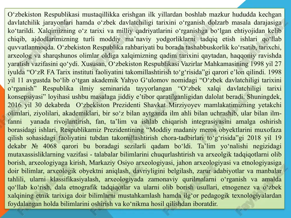 rxeologiyaga kirish, markaziy osiyo arxeologiyasi, jahon arxeologiyasi va etnologiyasiga doir bilimlar, arxeologik obyektni aniqlash, davriyligini belgilash, zarur adabiyotlar va manbalar tahlili, ularni klassifikasiyalash, arxeologiyada zamonaviy qurilmalarni o‘rganish va amalda qo‘llab ko‘rish, dala etnografik tadqiqotlar va ularni olib borish usullari, etnogenez va o‘zbek xalqining etnik tarixiga doir bilimlarni mustahkamlash hamda ilg‘or pedagogik texnologiyalardan foydalangan holda bilimlarini oshirish va ko‘nikma hosil qilishdan iboratdir. yahyo gulomov– qadimshunoslik – qadimgi moddiy madaniyat yodgorliklariga asoslanib kishilik ja-miyati oʻtmishini oʻrganuvchi fan. mehnat qurollari, uy-roʻzgʻor buyumlari, qurol-yarogʻlar, zeb-ziynatlar, uy-joy, ustaxo-nalar, mudofaa va irrigatsiya inshootlarining qoldiqlari hamda oʻtmishga oid turli topilmalar arxeologiyaning bosh manbai boʻlib, ularni chuqur ilmiy oʻrganish asosida oʻtmishdagi kishilik jamiyatlari ijtimoiy-iqtisodiy rivojlanish tarixining umumiy manzarasi tiklanadi. shu sababli arxeologiya tarix fanining bir tarmogʻi hisoblanadi. arxeologiya soʻzini miloddan avvalgi 4-asrda platon (aflotun) qadimgi voqealar maʼnosida ishlatgan. ilmiy maqsadlardagi dastlabki arxeologik qazishlar 18-asr boshidan boshlangan. 19-asr yirik arxeologik kash-fiyotlar davri boʻlib, arxeologiya fan sifatida shakllanib bordi, 19-asr …