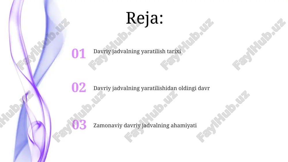 r qonuni qonunning mohiyati shundaki, o'rta elementning atom massasi (masalan, natriyning 23) qolgan ikkita element massasining (litiy va kaliy) o'rtacha qiymatiga yaqin edi. döbereynerning triadalar qonuni 1829-yilda e'lon qilingan bo'lib, o'xshash kimyoviy xususiyatlarga ega bo'lgan 3 ta elementdan iborat guruhlarni aniqladi. misol uchun, litiy (7), natriy (23) va kaliy (39). nyulendsning oktavalar qonuni nyulends 1865-yilda elementlarni atom og‘irliklarining ortib borishi tartibida joylashtirdi va har sakkizinchi element xususiyatlari bo‘yicha birinchisiga o‘xshashligini aniqladi, bu esa musiqiy oktavalarni eslatadi. ushbu qonun faqat kaltsiygacha bo‘lgan yengil elementlar uchun amal qilganligi sababli, nyulendsning davriy jadvali o‘z davrida tanqidga uchradi va ilmiy hamjamiyat tomonidan unchalik qabul qilinmadi. mendeleyevning dahosi mendeleyev elementlarning atom og'irligini (massasini) va xossalarini o'rganib, 1869-yilda ularni tartiblashning birinchi versiyasini taklif qildi, bu esa davriy qonunning kashf etilishiga olib keldi. u bir nechta elementlarning, masalan, indiy (in) va uran (u)ning atom massalarini to'g'irladi va ularning guruhdagi o'rnini asosladi, bu esa davriy xossalarga mos keldi. …