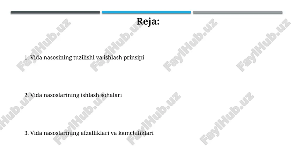 iliklariga murakkab konstruksiya, yuqori ishlab chiqarish narxi, qattiq zarralar bilan ifloslangan suyuqliklarga sezgirlik va ta'mirlashning qiyinligi kiradi. vida nasoslarini qo'llash sohalari vida nasoslari neft sanoatida keng qo'llaniladi, xususan, yuqori viskozlikli neft mahsulotlarini 1500 cst gacha bo'lgan zichlikda haydash uchun, bu yerda samaradorlik muhim. oziq-ovqat sanoatida vida nasoslari 0 dan 14 gacha ph darajasidagi suyuqliklarni, masalan, shokolad yoki asalni, gigienik standartlarga rioya qilgan holda, 5000 cp gacha bo'lgan viskozlikda o'tkazishda ishlatiladi. neft va gaz sanoatida qo'llanilishi neft va gaz sanoatida vintli nasoslar xom neftni tashishda qo'llaniladi, ayniqsa yuqori viskoziteli suyuqliklar uchun. bu, quvurlarni 75% gacha to'ldirish imkonini beradi, samaradorlikni oshiradi. gazni qayta ishlash zavodlarida, vintli nasoslar suyuq uglevodorodlarni 0.8 dan 0.95 gacha solishtirma og'irlikda bosim ostida saqlash omborlaridan transport vositalariga o'tkazishda ishlatiladi. kimyo sanoatida qo'llanilishi kimyo sanoatida vintli nasoslar polimer ishlab chiqarishda yuqori viskoziteli xomashyoni, masalan, eritilgan polietilenni 1000 dan 50000 cp gacha bo'lgan viskozite oralig'ida haydash uchun ishlatiladi. vintli nasoslar …