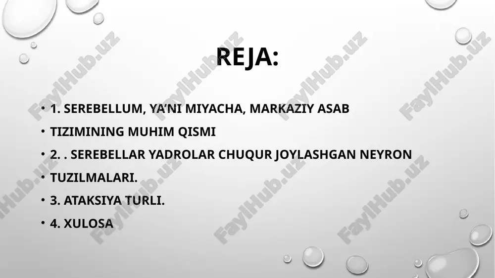 va silliqligini saqlaydi. fastigial yadrosi tana muvozanati va posturani boshqarishda markaziy rol o‘ynaydi. bu yadro signallarni vestibulyar tizim va orqa miya orqali uzatadi, shunda inson turishi va harakatlari barqaror bo‘ladi. serebellum shikastlansa, ataksiya deb ataladigan holat yuz beradi. ataksiya harakatlarni noaniqlashtiradi, muvofiqlashuvni buzadi va odamning kundalik faoliyatini cheklashi mumkin. bu nerv tizimi shikastlanganda tez-tez kuzatiladi. ataksiya turli shakllarda namoyon bo‘lishi mumkin: yurishda noaniqlik, qo‘l harakatlarining tartibsizligi va og‘zaki koordinatsiya muammolari. bu holat serebellumning turli qismlariga bog‘liq ravishda farqlanadi. miya yadrolari sezgi va harakat signallarini qayta ishlashda vositachi vazifasini bajaradi. ular turli qismlardan kelayotgan impulslarni birlashtiradi va markaziy asab tizimining boshqa qismlariga to‘g‘ri signallar yuboradi. bazal gangliyalar ixtiyoriy harakatlarni nazorat qiladi va motorik funksiyalarni tartibga soladi. ular serebellum bilan hamkorlik qilib, murakkab harakatlarni boshqaradi va harakatning aniqligini oshiradi. talamus markaziy asab tizimining asosiy qayta ishlovchi yadro hisoblanadi. u sezgi ma’lumotlarini boshqaradi va serebellum orqali motorik tizimga uzatadi. shu tarzda miya signallarni …