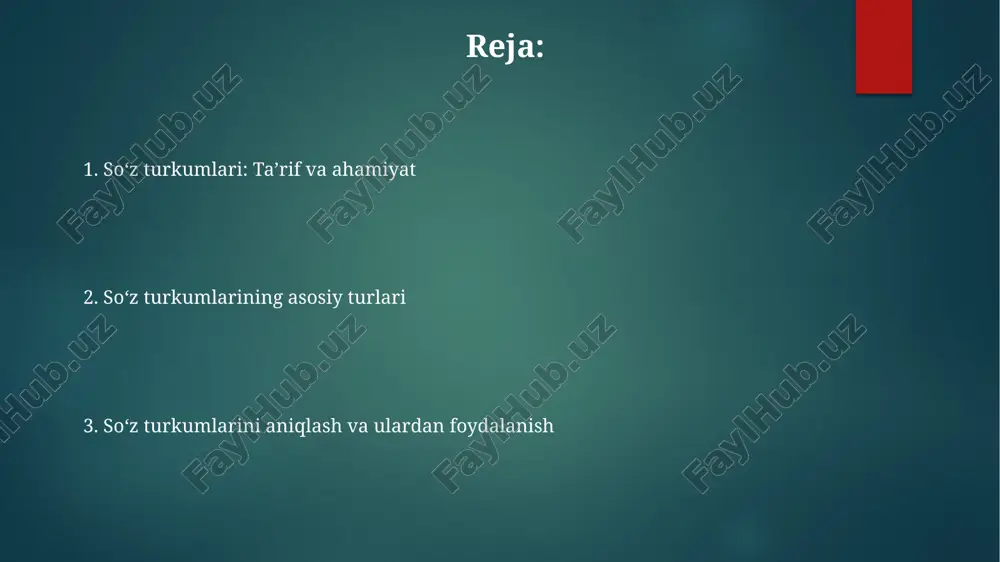 ortiq turli gap tuzilishini shakllantirishga imkon beradi. sifatlar otlarni aniqlaydi, feʼllar esa harakatni ifodalaydi; ularning oʻzaro taʼsiri gapning maʼnosini toʻliq tushunishga yordam beradi. bu bog'liqlik 7 yoki undan ortiq leksik birlikni birlashtiradi. e'tiboringiz uchun rahmat @taqdimot_robot image6.png image1.png image2.png image3.png image4.png image5.png