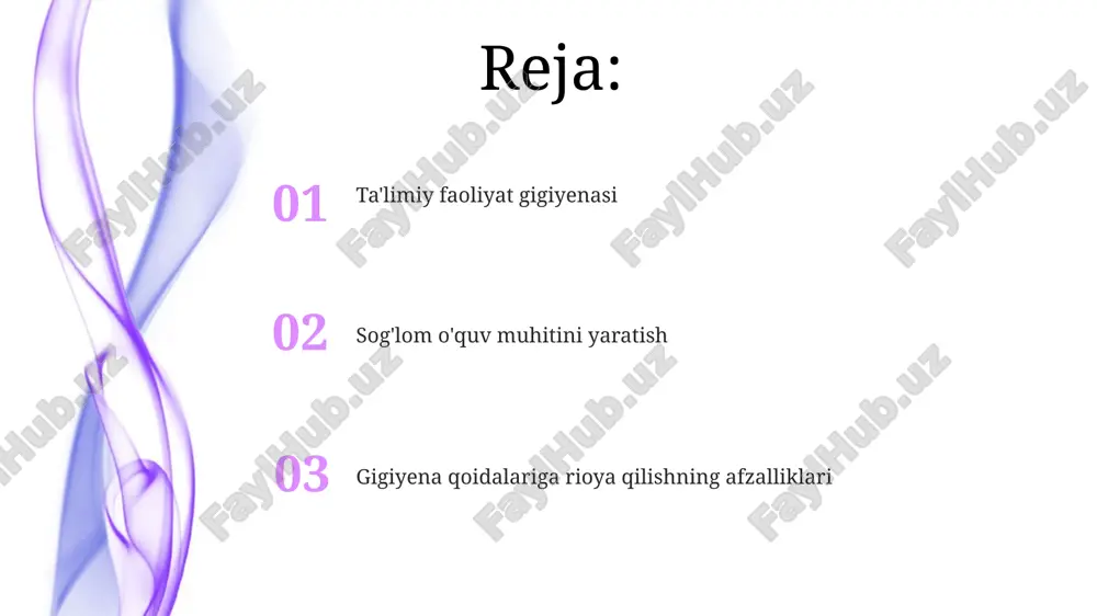 mebelining balandligi o'quvchining bo'yiga mos bo'lishi kerak, ideal holda, tirsak stol ustida 90 daraja burchak hosil qilishi lozim. bu, skolioz kabi kasalliklarning oldini oladi. o'quv materiallarining gigiyenasi o'quv materiallari qog'ozi kamida 70-80 g/m² zichlikda bo'lishi kerak, bu ko'z zo'riqishini kamaytiradi va yozuvning aniqligini oshiradi, ayniqsa uzoq muddatli foydalanishda. kitoblardagi shrift o'lchami 10-12 punkt bo'lishi maqsadga muvofiq, satrlar orasidagi masofa esa 1-1.5 intervalda bo'lishi lozim, o'quv jarayonida qulaylik yaratadi. shaxsiy gigiyena qoidalari har kuni kamida ikki marta, 2 daqiqa davomida tishlarni tozalash muhim, bu og'iz bo'shlig'ida kariyes va yallig'lanish kasalliklarining oldini oladi. shaxsiy sochiq, taroq va manikyur to'plamlaridan foydalanish terining 100 dan ortiq turli mikroorganizmlar orqali yuqish xavfini kamaytiradi. kun tartibi gigiyenasi o'quv xonasidagi havo harorati 18-22 daraja selsiy bo'lishi lozim, bu optimal ish qobiliyatini ta'minlaydi va kasalliklarni oldini oladi. ish joyida yoritish gigiyenasi 300-500 lyuks bo'lishi kerak, bu ko'rish qobiliyatini saqlashga va charchoqni kamaytirishga yordam beradi. dars jadvali gigiyenasi dars …