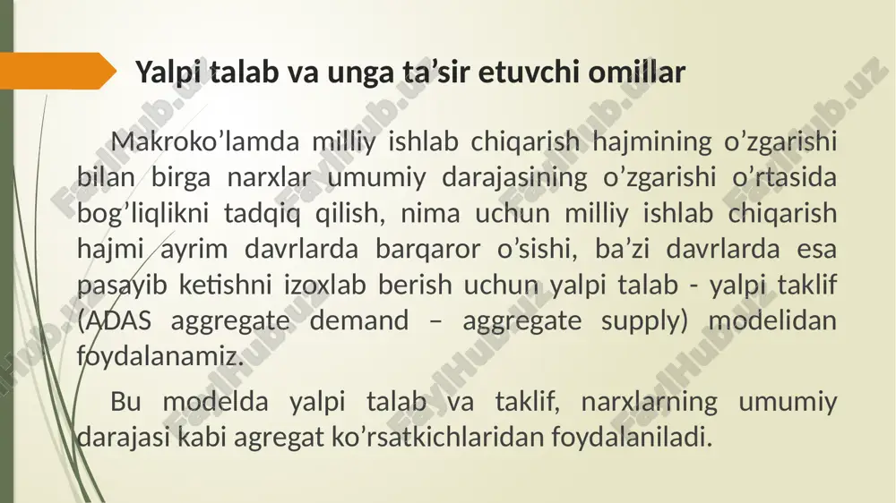 iste’molchilarning pul daromadlari ko’proq mahsulot sotib olish imkonini beradi (daromad samarasi). shuningdek, narx pasayganda iste’molchi ushbu tovarni ko’proq boshqa sotib oladi, chunki u boshqa tovarlarga nisbatan arzonroq bo’ladi (o’rnini bosadigan tovarlar). milliy bozorda ad-egri chizig’ining traektoriyasini avvalo pulning miqdoriy nazariyasi tenglamasi yordamida izohlash mumkin. m*v=y*r bu erda: m — muomaladagi pul miqdori; v — pulning aylanish tezligi; r — iqtisodiyotdagi narxlar darajasi (narx indeksi); y — talab qilinayotgan real ishlab chiqarish xajmi. bu tenglamalardan ko’rinadiki, narxlar darajasi qancha oshsa, real milliy mahsulot xajmiga talab hajmi shuncha past bo’ladi, ya’ni pul massasi (m) va uning aylanish tezligi(v) o’zgarmas bo’lsa, narxlar darajasi va umumiy talab o’rtasida teskari bog’liqlik mavjud bo’ladi. buiday bogliqlik, shuningdek quyidagi narx omillari bilan izohlanadi: foiz stavkasi samarasi; boylik samarasi yoki real kassa qoldiqlari samarasi; import xaridlar samarasi. foiz stavkasi samarasi yoki keyns samarasi shuni bildiradiki, jami talabning egri chiziq bo’yicha surilishi narxlar darajasi o’zgarishining foiz stavkasiga bo’lgan ta’siriga …