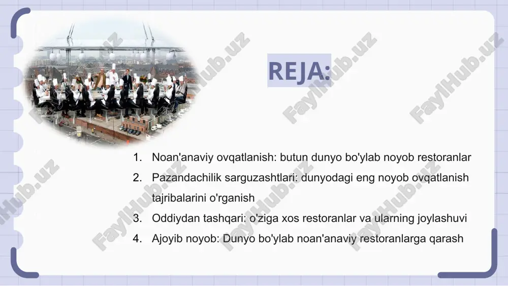 sh tajribalari ro'yxatini taqdim etar ekanmiz, hayratda qolishga tayyorlaning. ovqatlanish chegaralarini kengaytiradigan bu o'ziga xos restoranlar bilan pazandalik mo'jizalari olamiga qadam qo'ying. maldiv orollarida suv ostida ovqatlanishdan tortib, tailanddagi daraxt uylarida ovqatlanishgacha, har bir joy o'ziga xos tajribani taqdim etadi. beyond the ordinary innovatsion ovqatlanish kontseptsiyalarini birlashtiradi, ular sizning ta'm kurtaklaringizni hayratda qoldiradi va sarguzasht tuyg'usini yoqadi. belgiyada osmonda to'xtatilgan taomni iste'mol qiling yoki haqiqatan ham unutilmas ovqatlanish tajribasi uchun italiyadagi g'or restoranida ovqatlaning. bu g'ayrioddiy restoranlar nafaqat taomlar, balki ular umr bo'yi davom etadigan xotiralar yaratish bilan bog'liq. fijidagi suzuvchi restoranda ovqatlanasizmi yoki shvetsiyadagi muz mehmonxonasida ovqatlanyapsizmi, bu joylar sizni hayratda qoldiradi. 3. oddiydan tashqari: o'ziga xos restoranlar va ularning joylashuvi 4. ajoyib noyob: dunyo bo'ylab noan'anaviy restoranlarga qarash bizning taqdimotimiz dunyodagi eng noyob restoran turlarini ko'rib chiqadi, ularning o'ziga xos xususiyatlari va g'ayrioddiy joylashuvini ta'kidlaydi. suv ostidagi ovqatlanishdan tortib, daraxt tepalaridagi taomlargacha, biz butun dunyo bo'ylab mehmonlarni hayratga …