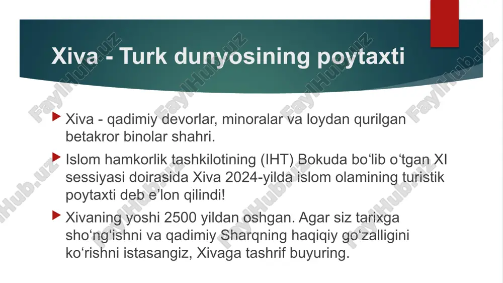 saqlaydi. qadimgi davrlarda bunday cho‘g‘irmalar juda qimmat bo‘lgan. ularning narxi tuya narxiga tenglashtirilgan, shuning uchun uni faqat badavlat odamlar sotib olishlari mumkin edi. hozirda uning narxi ancha past va g‘ayrioddiy bosh kiyimlarni sevuvchilarga yoqishi aniq! shuningdek, xiva hududida turli xil yog‘och hunarmandchilik buyumlarini sotib olishingiz mumkin. mahalliy hunarmandlar mayda shaxmat donalaridan tortib to hassa va hatto o‘yma eshiklargacha hamma narsani yaratadilar! 5 eng diqqatga sazovor joylar eng diqqatga sazovor joylar (2) turizm davlat rahbari e'tiborida joriy yilning 22 dekabr kuni o‘zbekiston respublikasi prezidenti shavkat mirziyoyev parlamentga murojaatida barcha sohalar qatorida turizm sanoati borasida quyidagi fikrlarni bildirdi: «hozirgi kunda milliy iqtisodiyotga yuqori daromad keltiradigan istiqbolli tarmoqlardan biri – bu turizmdir. o‘zbekiston turizm sohasida dunyo bo‘yicha ulkan salohiyatga ega bo‘lgan davlat hisoblanadi. yurtimizda 7300 dan ortiq madaniy meros obektlari mavjud va ularning qariyb 200 tasi yunesko ro‘yxatiga kiritilgan. turist - investitsiya degani prezidentimiz dunyoning 33 ta mamlakatida o‘zbekiston elchixonalari faoliyat ko‘rsatayotgan elchilarga …