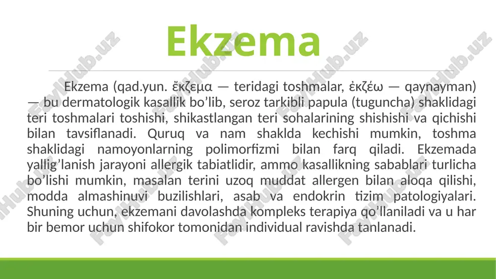 chiqarishi mumkin. idiopatik yoki haqiqiy ekzema aniq sababsiz spontan ravishda toshma toshishi bilan xarakterlanadi, organizmning sezuvchanligi ortishi fonida kimyoviy agressiv moddalar, allergen bilan aloqa qilish kasallikni boshlab yuboruvchi mexanizm sifatida xizmat qiladi. idiopatik ekzema uchun seroz tarkibli papulalar, nam eroziyalar, po’stcha va tangachalar xarakterlidir, bunda ular terida bir vaqtning o’zida mavjud bo’lishi mumkin, bu esa ushbu turdagi ekzemaning o’ziga xos belgisidir. chin ekzemaning yana bir xususiyati — bu toshmalarning simmetriyasi (bir qo’lning shikastlanishida, odatda ikkinchi qo’lda ham huddi shunday toshmalar mavjud bo’ladi). kasallik kuz-qish davrida o’tkirlashishlar mavsumiyligi bilan ajralib turadi. bolalar ekzemasi — bu kasallik chaqaloqlarga ta’sir qiladi, dastavval yuzdan boshlanadi, so’ng asta-sekin bo’yin, ko’krak va oyoq-qo’llarga tarqaladi. ko’pincha sun’iy oziqlantirishda bo’lgan chaqaloqlarni va bronxial astma va boshqa atopik kasalliklar rivojlanishiga irsiy moyil bo’lgan bolalarni shikastlaydi. seboreyali ekzema — buni bosh terisida parazitlik qiladigan zamburug’lar keltirib chiqaradi. bundan tashqari, seboreyali ekzema ko’plab yog’ bezlari joylashgan teri sohalarini shikastlashi mumkin, masalan …