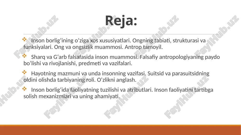 adi. inson muammosining falsafaga oid masalalari biz yuqorida aytib o‘tganimizdek, inson ko‘p fanlar tomonidan predmet sifatida qaraladi, shu sababli bizning oldimizda muhim bir vazifa – inson muammosining aynan falsafiy aspektlarini ochib berish turadi. inson muammosining falsafaga oid masalalari deb quyida­gi­larni hisoblash mumkin: a) inson mohiyati; b) insonda ijtimoiylik va biologik (tabiiylik)ning nisbati; v) shaxsning erkinligi; g) insonning mavjud bo‘lishi (borlig‘i) va mohiyatining dialektikasi; d) inson hayotining maqsad va ma'nosi. inson - eng murakkab borliq aslida falsafa inson muammosini o‘rganar ekan, u eng avvalo, insonni borliqning o‘ziga xos bir shakli sifatida olib, uni eng murakkab borliq sifatida, uning o‘ziga xos eng muhim tomonlari, xususiyatlarini, uni borliqning boshqa shakllari va ko‘rinishlari bilan o‘zaro bog‘lanishlarini, aloqadorlik tomonlarini hamda ulardan tub farqlarini qarab chiqishi lozim. shu sababli faylasuflar qadimdan boshlab insonning o‘ziga xos muhim, boshqa barcha tirik mavjudotlardan farq qildiruvchi xususiyati deb, uning aqlini tushunganlar. shu tufayli ular insonni dastlab o‘z asarlarida «aqlli mavjudot», …