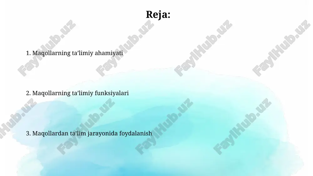 ahlil qilib, sabab-oqibat aloqalarini aniqlash orqali analitik qobiliyatlarini rivojlantiradilar. maqollarning nutq madaniyatini o'stirishdagi roli maqollar so'z boyligini oshiradi, nutqning ravonligini ta'minlaydi, chunki ularda xalqning asrlar davomida to'plangan ibratli tajribasi 10-15 so'z bilan ifodalangan. maqollar nutq madaniyatini shakllantirishda muhim ahamiyatga ega, tinglovchini 2 yoki 3 misolda fikrini isbotlashga undaydi, bu esa o'z navbatida dalillash qobiliyatini rivojlantiradi. maqollarning milliy qadriyatlarni singdirishdagi ahamiyati maqollar oilaviy qadriyatlar, masalan, hurmatni ifodalaydi. 'ota bor – davlat bor', degan maqol ota-onaning rolini 100% tasdiqlab, muhim oilaviy tarbiya asosidir. maqollarda mehnatsevarlik kabi milliy qadriyatlar aks etgan. masalan, 'mehnat qilsang, yersan', degan gap odamlarni har doim 2 baravar ko'proq ishlashga undaydi. maqollarning tarixiy bilimlarni berishdagi o'rni maqollar 14-16-asrlardagi ijtimoiy tuzum, dehqonchilik usullari va hunarmandchilikning rivojlanishi haqida qimmatli ma'lumotlarni saqlaydi, bu o'tmishni o'rganishga yordam beradi. maqollar, masalan, “mehnat qilsang, rohat ko’rasan” degani, qadimda mehnatsevarlik va qishloq xo’jaligining muhimligini aks ettiradi, bu tarixiy tafakkurni shakllantiradi. maqollardan dars jarayonida foydalanish usullari maqollardan …