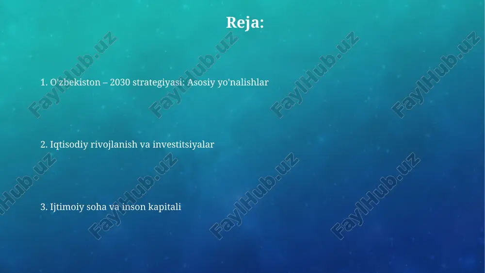 maqsadida raqamli texnologiyalar keng joriy etiladi, bu 75% ijro darajasiga erishishga yordam beradi. davlat xizmatlarini raqamlashtirish orqali byurokratiyani kamaytirish va shaffoflikni oshirish rejalashtirilgan. 2030 yilgacha davlat xizmatlarining 90% onlayn shaklda taqdim etiladi. e'tiboringiz uchun rahmat image2.png image5.jpg image6.jpg image7.jpg image8.jpg image9.jpg