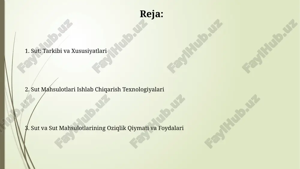 h orqali sutdagi barcha mikroorganizmlar va sporlarni toʻliq yoʻqotadi, yaroqlilik muddatini uzaytiradi. sut mahsulotlarining turlari pishloqlar fermentatsiya, quyultirish va qarish jarayonlari orqali ishlab chiqariladi, yumshoq brie dan qattiq cheddar kabi konsistensiyalarda 100 dan ortiq xilma-xillikni o'z ichiga oladi. qatiq sutni bakteriyalar bilan fermentatsiya qilish orqali yaratiladi, masalan, lactobacillus bulgaricus va streptococcus thermophilus, natijada 3,25% yog' miqdori bilan nordon va qalin mahsulot hosil bo'ladi. qatiq va uning tayyorlanishi qatiq tayyorlashda odatda sigir, qo'y yoki echki suti ishlatiladi, fermentatsiya uchun esa *lactobacillus bulgaricus* va *streptococcus thermophilus* bakteriyalari qo'shiladi. qatiq odatda 3-6 soat davomida iliq haroratda (taxminan 40-45 °c) fermentlanadi, bu vaqt davomida sut tarkibidagi laktoza sut kislotasiga aylanadi. pishloq ishlab chiqarish texnologiyasi pishloq ishlab chiqarishda sutni fermentlash 30-32°c haroratda, maxsus bakteriyalar yordamida amalga oshiriladi, bu esa sut oqsillarini ivitib, pishloq quyqasini hosil qiladi. qattiq pishloqlar uchun quyqa 5-10 mm kubik shaklda kesiladi va zardobdan ajratiladi, so'ngra termik ishlov beriladi (50-55°c) namlikni kamaytirish …