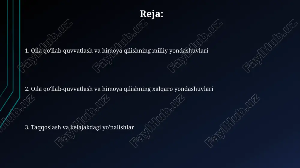 oilaning ijtimoiy-iqtisodiy holati, masalan, daromad darajasi, 1-navbatda, bolalarning ta'lim olish imkoniyatlariga bevosita ta'sir etadi va ularning kelajagini belgilaydi. oilaning mustahkamligi bevosita ijtimoiy-iqtisodiy omillar, jumladan, uy-joy ta'minoti, ishsizlik darajasi va moliyaviy barqarorlik bilan bog'liq, ajralishlar sonini kamaytiradi. ijtimoiy qo'llab-quvvatlash dasturlari, masalan, nafaqalar va subsidiyalar, oilalarning iqtisodiy ahvolini yaxshilash, kambag'allik darajasini kamaytirish va farovonlikni oshirishga yordam beradi. zaif oilalarni qo'llab-quvvatlash dasturlari: milliy tajriba oʻzbekistonda kam taʼminlangan oilalarni qoʻllab-quvvatlash maqsadida har bir bolaga 14 yoshgacha boʻlgan nafaqa va moddiy yordamlar toʻlanadi, bu orqali bolalar farovonligi oshiriladi. "yoshlar daftari" orqali 30 yoshgacha boʻlgan ehtiyojmand yosh oilalarga imtiyozli kreditlar beriladi, bu orqali ularning tadbirkorligini rivojlantirish va bandligini taʼminlash maqsad qilingan. "mahalla bayrami" va "oila kuni" kabi milliy tadbirlar orqali oilaviy qadriyatlar targʻib qilinadi, bu esa oilalar oʻrtasidagi ijtimoiy birdamlikni mustahkamlaydi va ularni qoʻllab-quvvatlaydi. xalqaro tashkilotlarning oilalarni qo'llab-quvvatlash bo'yicha faoliyati jahon sog'liqni saqlash tashkiloti (who) oilaviy salomatlikni mustahkamlash, reproduktiv salomatlikni ta'minlash va oilaviy zo'ravonlikka qarshi kurashish …