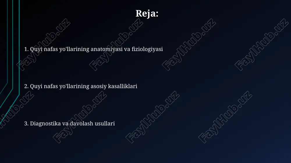 o'pka funktsional testlari, jumladan spirometriya, havo oqimi va hajmlarini o'lchaydi, bronxial astma va koah kabi kasalliklarni aniqlashga yordam beradi. e'tiboringiz uchun rahmat @taqdimot_robot image1.png