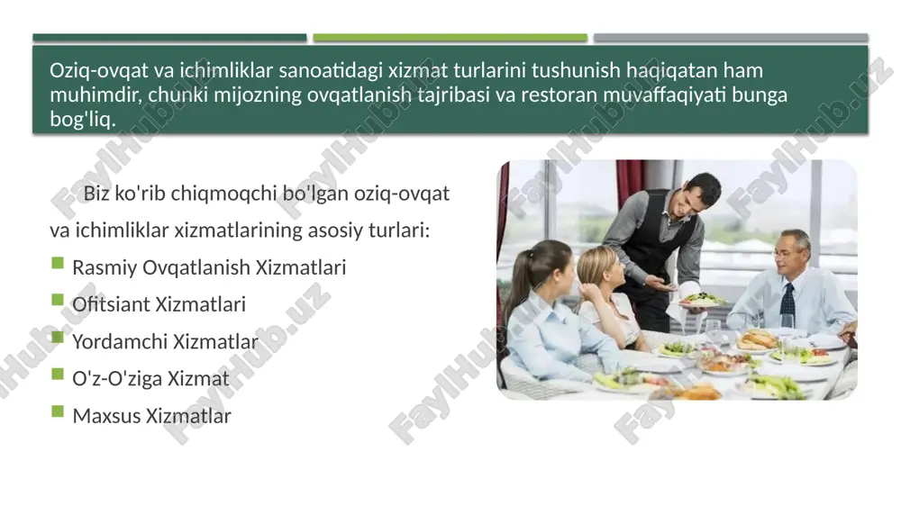 uda ko'pincha oshpazning mahoratini ta'kidlaydigan yuqori sifatli ingredientlar va ijodiy taomlar mavjud. yaxshi ovqatlanishning maqsadi nafosat tuyg'usini ta'minlashdir, bu erda taomning har bir elementi – taom taqdimotidan tortib restoran muhitigacha – uslub tuyg'usiga hissa qo'shadi. jadval xizmati stol xizmati restoran yoki ovqatlanish muassasasida mijozlarga oziq-ovqat va ichimliklar berish usulini anglatadi. bu ofitsiant va ovqatlanuvchilar o'rtasidagi o'zaro ta'sirni o'z ichiga oladi, bu ularning yoqimli va qoniqarli ovqatlanish tajribasiga ega bo'lishini ta'minlaydi. stol xizmatida ofitsiant buyurtmalarni qabul qiladi, oziq-ovqat va ichimliklar bilan ta'minlaydi va ovqatlanish davomida mijozlarning ehtiyojlarini qondiradi. bunga dasturxon yozish, menyuni taqdim etish, buyurtmalar qabul qilish, ovqat etkazib berish, ichimliklarni to'ldirish va bo'sh plastinka va ko'zoynaklarni tozalash kiradi. stol xizmati qulay va yoqimli muhit yaratib, ovqatlanuvchilarga shaxsiy yordam ko'rsatishga qaratilgan. bu qulaylik va mijozlarning ehtiyojlarini zudlik bilan qondirish orqali umumiy ovqatlanish tajribasini yaxshilaydi. 2. ofitsiant xizmatlari ofitsiant xizmatlar moslashtirilgan bilan xarakterlanadi ovqat tajribalar turli kengdir, tableside xizmati. ehtiyotkorlik e'tibor, professional …