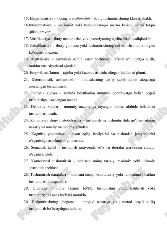 m xususiyatlarni ajratish. 20. empirik ma’lumot – tajriba yoki kuzatuv asosida olingan faktlar to‘plami. 21. deterministik tushuntirish – hodisalarning qat’iy sabab-oqibat aloqasiga asoslangan tushuntirish. 22. induktiv xulosa – alohida holatlardan umumiy qonuniyatga kelish orqali tushunishga asoslangan metod. 23. deduktiv xulosa – umumiy nazariyaga tayangan holda, alohida holatlarni tushuntirish usuli. 24. zamonaviy ilmiy metodologiya – tushunish va tushuntirishda qo‘llaniladigan nazariy va amaliy metodlar yig‘indisi. 25. kognitiv yondashuv – inson aqliy faoliyatini va tushunish jarayonlarini o‘rganishga asoslangan yondashuv. 26. semantik tahlil – tushunish jarayonida so‘z va iboralar ma’nosini chuqur o‘rganish usuli. 27. kontekstual tushuntirish – hodisani uning tarixiy, madaniy yoki ijtimoiy sharoitida izohlash. 28. tushuntirish darajalari – hodisani sirtqi, strukturaviy yoki funksional jihatdan tushuntirish bosqichlari. 29. gipoteza – ilmiy taxmin bo‘lib, tushunishni chuqurlashtirish yoki tushuntirishga asos bo‘lishi mumkin. 30. tushuntirishning chegarasi – mavjud nazariya yoki metod orqali to‘liq tushuntirib bo‘lmaydigan holatlar. /docprops/thumbnail.emf fanda tushunish va tushuntirish muammosi fanda tushunish va tushuntirish muammosi …