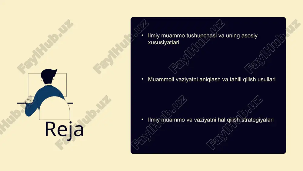 o va innovatsiya ilmiy muammo yangi bilim yoki tushuncha izlash jarayonidir, unga innovatsiyalar esa muammoni hal qilishda yangi yondashuvlar va texnologiyalarni joriy etadi. innovatsiya ilmiy muammolarni yechishda muhim rol o'ynaydi, yangi yechimlar va texnologiyalar yordamida ilmiy rivojlanishni tezlashtiradi. muammoli vaziyatni aniqlash usullari muammoli vaziyatni aniqlashda turli usullar qo‘llaniladi: - statistik usullar: anketalar, ma'lumotlar bazalari yordamida muammo sabablarini aniqlash. - sifatli usullar: intervyular, kuzatish orqali muammo yuzaga kelish jarayonini chuqur o‘rganish. - kvantitativ usullar: muammo hajmi va ta'sirini o‘lchash uchun statistik metodlardan foydalanish. foydalaniladigan vositalar: statistik dasturlar, anketalar, kuzatuv jadvali, kompyuter ilovalari. bu usullar yordamida muammo asosiy sabablari va ta'sir doirasi aniqlanadi, muammoni hal qilish uchun strategiyalar ishlab chiqiladi. tahlil qilish usullari tahlil qilish usullarining turlari statistik, ekspert fikri, ssenariy va eksperimental usullar muammo turiga mos keladi. har bir usulning afzalliklari va kamchiliklari bor. statistik usul katta ma'lumotlarni tahlil qilish, ekspert fikri subyektiv baho, ssenariy kelajakni prognoz qilish, eksperimental usul nazariyalarni …