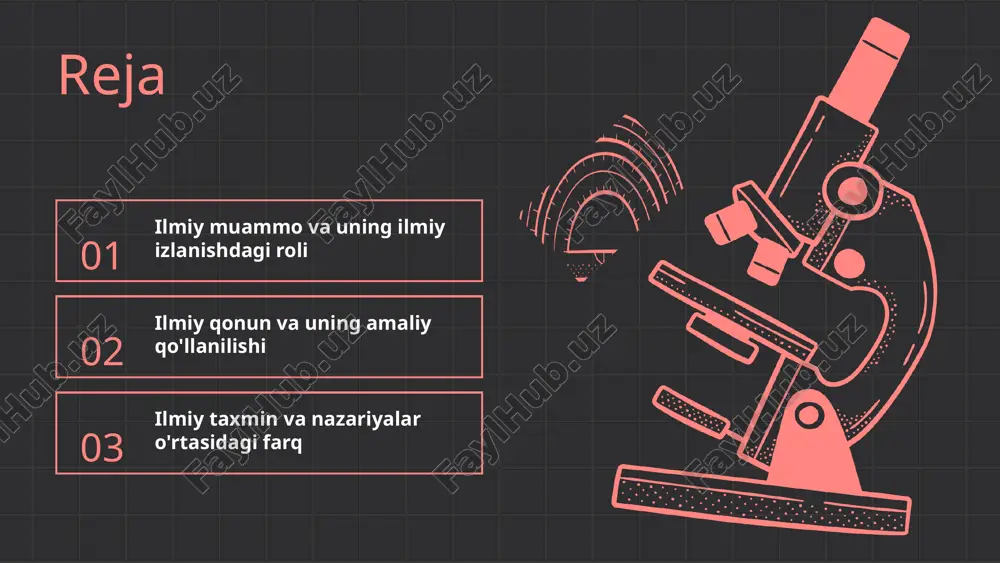 a ekologik muammolar shaklida yuzaga keladi. masalan, iqlim o'zgarishi. jamiyat ilmiy muammolarni hal qilishda muhim rol o'ynaydi. resurslar ajratish, innovatsiyalar va siyosat orqali muammolarni yechishga yordam beradi. jamiyatda ilmiy muammolarni hal qilish uchun konferensiyalar, grantlar va ta'lim loyihalari tashkil etiladi. masalan, ekologik muammolar uchun dasturlar. jamiyat va ilmiy muammo munosabatlari muhim. birgalikda ishlash, muammolarni hal qilish va ilmiy rivojlanishni qo'llab-quvvatlash uchun asosdir. ilmiy qonun tushunchasi ilmiy qonun — tabiatdagi hodisalarni izohlovchi va doimiy ravishda amal qiladigan ilmiy qonun. masalan, newtonning harakat qonunlari uni tasdiqlovchi misoldir. ilmiy qonunlarning asosiy xususiyatlari: keng izoh doirligi, empirik tasdiqlik, umumiyligi va amaliy qo‘llanilishi. ular tabiatning fundamental qoidalarini ifodalaydi. ilmiy qonunlar texnologiya, muhandislik va ilmiy rivojlanishda muhim rol o‘ynaydi. ular muammo yechishda, texnikaviy yutuqlarda asosiy poydevor bo‘lib xizmat qiladi. 01 02 03 ilmiy qonunlarning amaliy qo'llanilishi ilmiy qonunlar kundalik hayot, texnologiya, fizika, kimyo va biologiyada qo'llaniladi. ilmiy qonunlar va ilmiy izlanish ilmiy qonunlar qanday asos bo‘ladi …