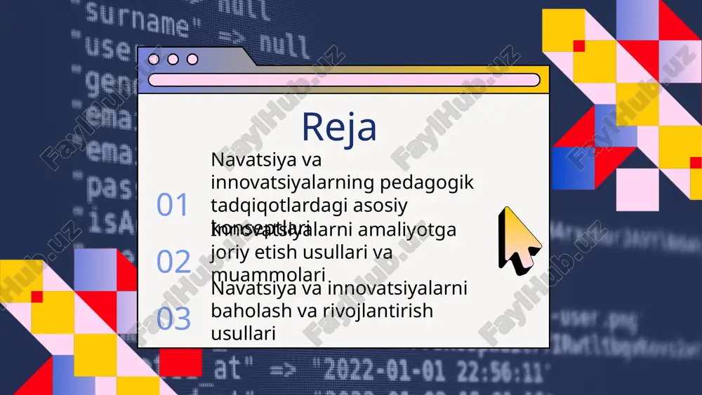 im sifatini oshirishga yordam beradi. innovatsiyalarni pedagogik tadqiqotlarda qoʻllash: metodologiyalar, interaktiv texnologiyalar va raqamli resurslar orqali ta'lim jarayonini optimallashtirish va yanada samarali qilish. o'zbekiston misolida navatsiya va innovatsiyalar: davlat dasturlari, muvaffaqiyatli amaliyotlar, kelajakdagi rejalar, hukumat siyosatlari va oliy o'quv yurtlarining roli. 1 2 3 kelajakda navatsiya va innovatsiyalar pedagogik tadqiqotlarda kelajak tendensiyalari sun'iy intellekt va raqamli texnologiyalar yordamida ta'lim metodlarini takomillashtirishga qaratilgan. innovatsiyalar rivojlanishining istiqbollari yangi pedagogik yondashuvlar va texnologiyalar bilan bog'liq bo'lib, virtual va kengaytirilgan haqiqat texnologiyalari yordamida amaliy ko'nikmalarni rivojlantirish mumkin. yangi yo'nalishlar, masalan, loyiha asosidagi ta'lim va masofaviy o'qitish metodlari keng tarqalmoqda, bu esa ta'lim sifatini oshirish va kengroq auditoriyaga erishishga imkon beradi. 02 01 03 innovatsiyalarni joriy etish: asosiy usullar innovatsiyalarni amaliyotga joriy etish uchun pilot loyihalar, o'qituvchilar tayyorlash, strategiyalarni integratsiya qilish, raqamli texnologiyalar va monitoring muhim. bu usullar ta'lim sifatini oshirishda samarali yordam beradi. amaliyotda innovatsiyalarni joriy etish muammolari asosiy muammolar va to'siqlar innovatsiyalarni amalga …