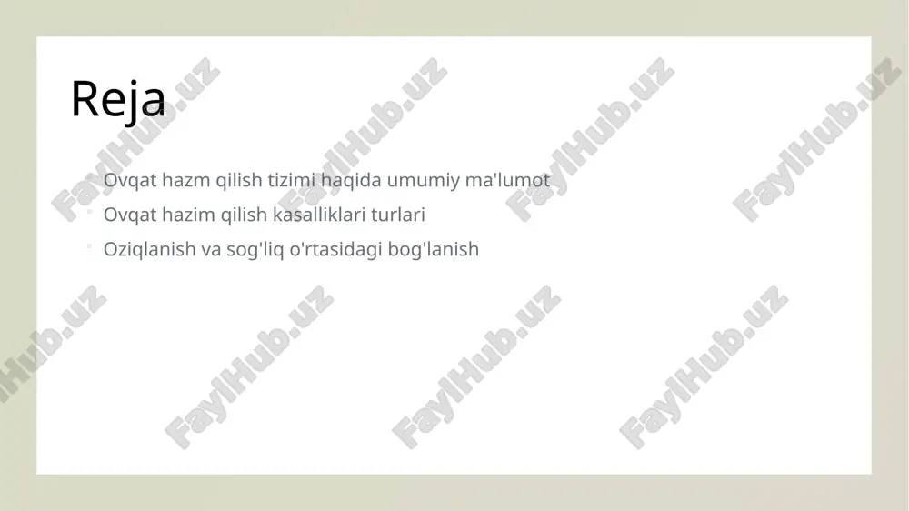 ar va mineral moddalar ichki tizimlarni mustahkamlaydi va kasalliklardan himoya qiladi. kasalliklar ta'siri ovqat hazm qilish kasalliklari, masalan, gastrit yoki qandli diabet, ovqatlanish va umumiy sog'liqni yomonlashtirishi mumkin. ular tizimning samarali ishlashini cheklaydi. ovqat hazm qilish kasalliklari: turlari va ularning belgilari. 1 ovqat hazm qilish kasalliklari ovqat hazm qilish kasalliklari gastrointestinal tizimning turli qismlarini ta'sir qiladi. bu kasalliklar ichak, oshqozon va jigar kabi organlarda paydo bo'lishi mumkin. 2 gastrit gastrit oshqozon shilliq qavatining yallig'lanishi bo'lib, u oshqozonda og'riq, qovurdoq va ko'ngil aynishi kabi belgilarga olib kelishi mumkin. 3 kolit kolit ichakning yallig'lanishi hisoblanadi. ushbu kasallik ich qotishi, diareya, va qorin og'rig'i kabi noqulayliklarni keltirib chiqarishi mumkin. 4 refluks refluks oshqozon kislotasining qizilo'ngachga qaytishi bilan bog'liq. bu holat qizilo'ngachda yonish va og'riq hissini keltirib chiqaradi. gastrointestinal kasalliklarning sabablari va xavf omillari. ovqat hazm qilish usullari ovqat hazm qilish kasalliklari ko'pincha noto'g'ri ovqatlanish, kam harakat va stress kabi omillar sabab bo'ladi. bu …