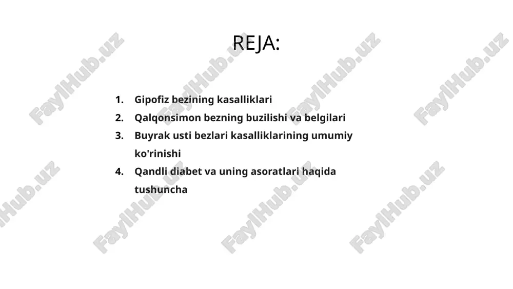 ichiga olishi mumkin, bu buyrak usti bezining o'ziga xos buzilishiga bog'liq. salavha endokrin bezlar tanamizdagi metabolizmni tartibga solishda hal qiluvchi rol o'ynaydi va bu bezlardagi har qanday disfunktsiya turli kasalliklarga olib kelishi mumkin. eng keng tarqalgan kasalliklardan biri bu qandli diabet bo'lib, u organizmning glyukoza darajasini tartibga solish qobiliyatiga ta'sir qiladi. 1 qandli diabet to'g'ri davolanmasa, yurak-qon tomir kasalliklari, buyraklar bilan bog'liq muammolar, asab shikastlanishi va ko'rish qobiliyatini yo'qotish kabi jiddiy asoratlarni keltirib chiqarishi mumkin. qandli diabet bilan og'rigan odamlarning qondagi qand miqdorini nazorat qilishlari va ushbu asoratlarning oldini olish uchun sog'lom turmush tarzini olib borishlari juda muhimdir. 3 qandli diabet va uning asoratlari haqida ma'lumot va xabardorlik ushbu holatning oldini olish va boshqarishda muhim ahamiyatga ega. to'g'ri bilim va yordam bilan odamlar diabetga qaramay, sog'lom va qoniqarli hayot kechirishi mumkin. 2 gipertiroidizm va hipotiroidizm: taqqoslash a gipertiroidizm va hipotiroidizm endokrin tizimning keng tarqalgan kasalliklaridir. gipertiroidizm qalqonsimon bezning haddan tashqari …