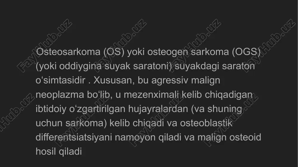 , ammo tashxisiy emas. atrofdagi toʻqimalar infiltratsiyalangan. x-nurlari osteosarkoma tashxisini qoʻyish uchun tanlovning dastlabki tasviridir. x-nurlaridagi osteosarkomaning baʼzi xususiyatlari quyosh portlashi koʻrinishi va kodman uchburchagi (yangi suyak shakllanishiga sabab boʻlgan oʻsimta tomonidan suyak korteksining koʻtarilishi). kompyuter tomografiyasi suyak anatomiyasini, suyak poʻstlogʻining yaxlitligini aniqlashda, patologik sinishlarni aniqlashda, ossifikatsiyani (yangi suyak materiallarini yotqizish) va xaftaga kalsifikatsiyasini baholashda yordam beradi. image3.png image4.png image5.png image6.png image7.png image8.png