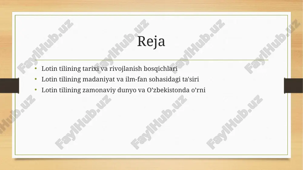 amkorlikni mustahkamlash uchun muhim imkoniyat yaratadi. lotin tili o‘zbekistonning milliy identiteti va xalqaro aloqalarini mustahkamlashda asosiy rol o‘ynaydi, yangi texnologiyalar va ilmiy loyihalarda faol qo‘llaniladi. lotin tilining madaniy va ilmiy sohalardagi ta'siri: tarixiy rivojlanish va zamonaviy ahamiyat. 01 madaniy ta’sirlar lotin tili tarix davomida diniy, madaniy va ta’lim sohalarida muhim rol o‘ynagan. uning yordamida qadimgi yozuvlar va dini matnlar saqlanib qolgan. 02 ilm-fan rivojlanishi lotin tilida yozilgan ilk ilmiy asarlar, ayniqsa, matematika, astronomiya va tibbiyot sohalarida, ilm-fan tarixi uchun asosiy manba bo‘lib kelgan. 03 zamonaviy ta’sir bugungi kunda lotin tili ilmiy terminologiyada, ayniqsa, biologiya, kimyo va meditsina sohalarida keng qo‘llaniladi, xalqaro muloqotni yaxshilaydi. lotin tilining ilm-fan va ta'lim sohasidagi o'rni: tarixiy meros va zamonaviy ilovalari. 1 tarixiy meros lotin tili ilm-fan va ta'limda uzoq tarixga ega bo‘lib, u qadimgi yunon va lotin tillaridan olingan ilmiy terminologiya asosini tashkil etadi. 2 ilm-fanda qo‘llanilishi lotin tili ilmiy adabiyot, biologiya, tibbiyot va huquq …