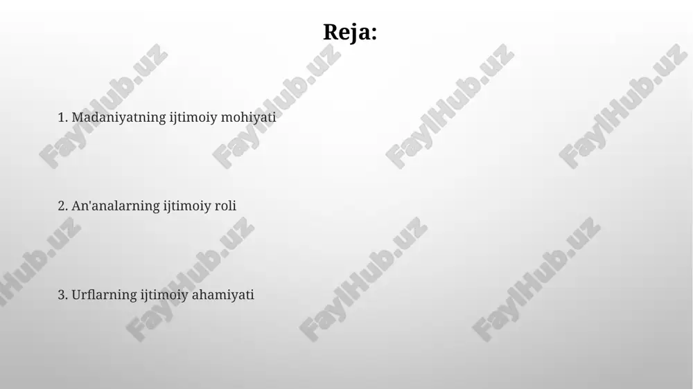 bog'liq bo'lib, madaniyat keng qamrovli tushuncha, traditsiyalar esa madaniyatning 1 qismi, urflar esa kundalik 2 amaliyotlardir. traditsiyalar, masalan navro'z bayrami kabi, madaniyatning 3 muhim elementi bo'lib, urflar esa shu bayramni nishonlashdagi 4 ta odatlar, sumalak tayyorlash kabi, amaliy ko'rinishidir. ijtimoiy institutlar va madaniyatning shakllanishi ijtimoiy institutlar, masalan, oilalar, ta'lim va din, madaniyatni yaratishda muhim rol o'ynaydi, uzoq muddatli qiymatlarni singdirib, madaniy me'yorlarni 1-avloddan 2-avlodga o'tkazadi. madaniyatning shakllanishi ijtimoiy institutlar bilan chambarchas bog'liq bo'lib, ular 5-umumiy qiymatlar, e'tiqodlar va amaliyotlarni tartibga soluvchi va saqlaydigan asos bo'lib xizmat qiladi. madaniyatning ijtimoiy funksiyalari madaniyat, ijtimoiy integratsiyaning muhim vositasi sifatida, 1) umumiy qadriyatlar orqali birlashuvni ta'minlaydi, 2) shaxsiy identifikatsiyani shakllantiradi, 3) ijtimoiy barqarorlikni mustahkamlaydi, shu bilan jamiyat a'zolarini birlashtiradi. madaniyat, 1) ijtimoiy nazoratni o'rnatishda muhim rol o'ynaydi, 2) axloqiy me'yorlar va qadriyatlarni singdiradi, 3) xulq-atvorni tartibga soladi, shu bilan jamiyatdagi tartibni ta'minlashga xizmat qiladi. traditsiyalarning ijtimoiy ahamiyati traditsiyalar avloddan avlodga uzatiladigan ijtimoiy xatti-harakatlar, qadriyatlar …