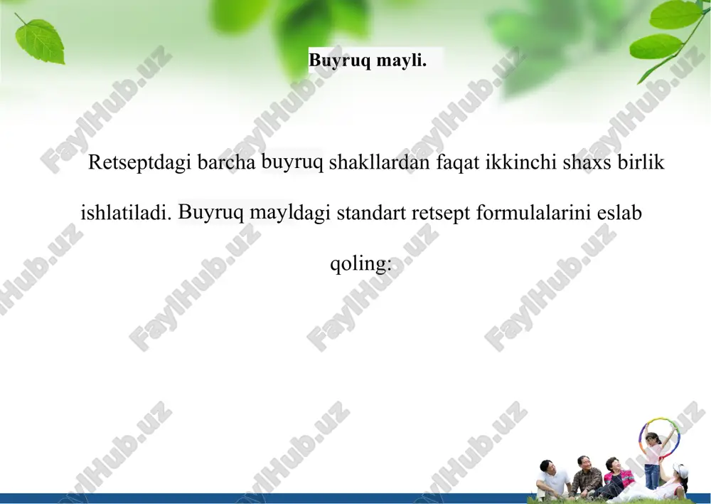tandart retseptura formulirovkalari · misce, fiat emulsum aralashtir, emulsiya hosil bo'lsin. · misce, fiat linimentum aralashtir, liniment hosil bo‘lsin. · misce, fiat pasta aralashtir, pasta hosil boisin. · misce, fiat pulvis aralashtir, kukun hosil bo'lsin · misce, fiat unguentum aralashtir, surtma (maz) hosil bo‘lsin. · misce, fiat suppositorium aralashtir, sham hosil boisin. · misce, fiat suppositorium rectāle (vagināle) aralashtir, rektal shamcha hosil boisin (vaginal). · misce, fiant suppositoria (vaginalia) aralashtir, vaginal shamcha hosil boisin. · misce, fiant species (mn. chislo) aralashtir, yig‘malar hosil bo'lsin fiant ning ko`plik shakliga e’tibor bering! ushbu formulirovka ut- bog`lovchisi bilan ham qo`llanadi, uchun, hosil boisin deb tarjima qilinadi: misce, ut fiat… aralashtir, …… hosil boisin. lekin qachon fiant fe’li ushbu formulirovkada qo`llanganda faqat “misce” shart “misceātur” shaklida ishlatilmaydi. mayli ishlatildi, va buyruq maylida image1.png image2.png image3.png image4.png