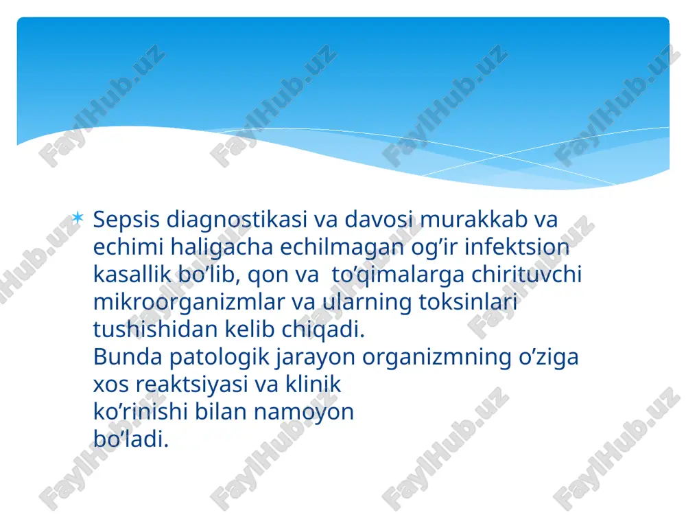 teyli, ko’k yiring tayoqchali, salmonellezli, esherixiyali, klebsiellali sepsisning tasnifi: a) spora xosil kilmaydigan mikroorganizmlar (noklostridial). b) spora xosil kiluvchi mikroorganizmlar (klostridial). kandidozli polimikrob 2. anaerob jaroxatdan keyingi (ranevoy) operatsiyadan keyingi (posleoperatsionno’y) ichki (vnutrenniy) (pnevmoniyadan, anginadan keyin). kriptogen kelib chikishiga ko’ra yashin tezligida kechuvchi (molnienosno’y), keskin infektsion-toksik shok bilan kechib 1-2 kunni ichida o’limga olib keluvchi turi o’tkir 5-7 sutkagacha. o’tkir osti, kechikuvchi (podostro’y, zatyajnoy) 7-30 kungacha. septik shok 12-24 soatgacha. surunkali sepsis (xronosepsis) yarim yildan 2 yilgacha. klinik kechishiga ko’ra erta (ranniy) kechki (pozdniy) asosiy kasallik boshlanishidan 3 haftadan keyin rivojlanuvchi turi; birlamchi o’choq yoki kirish darvozalarining joylashgan joyiga ko’ra xirurgik ginekologik otogen odontogen kindikdan rivojlanuvchi (pupochno’y) rivojlanish vaqtiga ko’ra giperergik normergik anergik organizmning reaktivligiga ko’ra: birlamchi yoki kriptogen (sepsisning manbai aniq emas) ikkilamchi (aniq yaqqol ifodalangan birlamchi o’choq zaminida kechuvchi) infektsiya o’chog’i bor yoki yo’qligiga ko’ra: yiringli metastazlari bo’lib, kasallik tipik kechgan xolatlarda diagnoz qo’yish qiyinchilik tug’dirmaydi. biroq boshlang’ich …