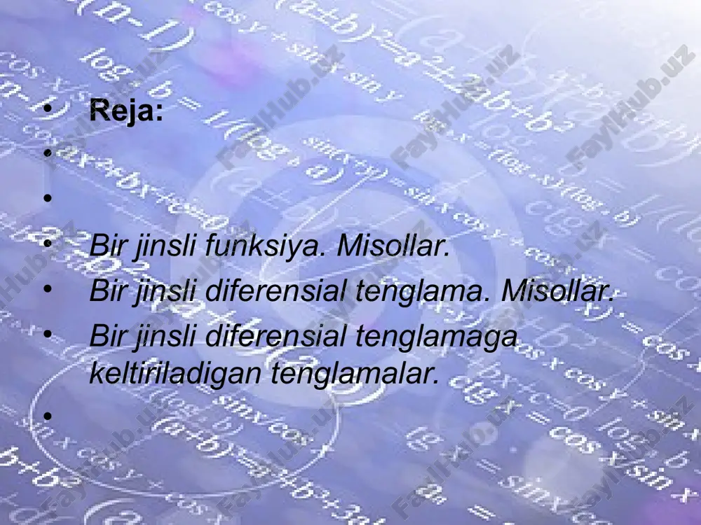 munosabatdan t'(t) = -kt(t) tenglama hosil bo’ladi, unda t’(t) hosila temperatura pasayishining oniy tezligini ifodalaydi. birinchi tartibli differensial tenglama hosil bo’ldi. 2.nyutonning ikkinchi qonuni bo‘yicha moddiy nuqtaning t vaqt momentidagi tezlanishi ga teng, bunda f - nuqtaga ta’sir etayotgan kuch, m - nuqta massasi. a tezlanish x nuqta koordinatasining vaqt bo‘yicha olingan ikkinchi tartibli hosilasiga teng ekanligidan ushbu ikkinchi tartibh differensial tenglamaga ega bo’lamiz: f(t)=mx"(t). (2) 3.muhitning unda harakat qilayotgan nuqtaga f qarshilik kuchi nuqtaning v tezligiga proporsional va shu tezlikka qarshi yo‘nalgan, ya’ni f(t) = -kv(t) yoki (2) tenglikka asosan mx"(t) = -kv(f), yoki v(t) = x'(t) bo‘lganligidan mx"(t) = -kx'(t) va shu kabi x"(t) = (x'(t))'= v'(t) bo‘lganligidan mv'(t) = -kv(t). 4. m massali nuqta f tortilish kuchining ta’siri ostida yerga tushmoqda, ya’ni bunda y — gravitatsiya doimiysi, m — yer massasi, x — nuqtadan yer markazigacha masofa (tenglikdagi “minus” ishorasi f kuch koordinatalar o‘qida manfiy yo‘nalganligi sababli …