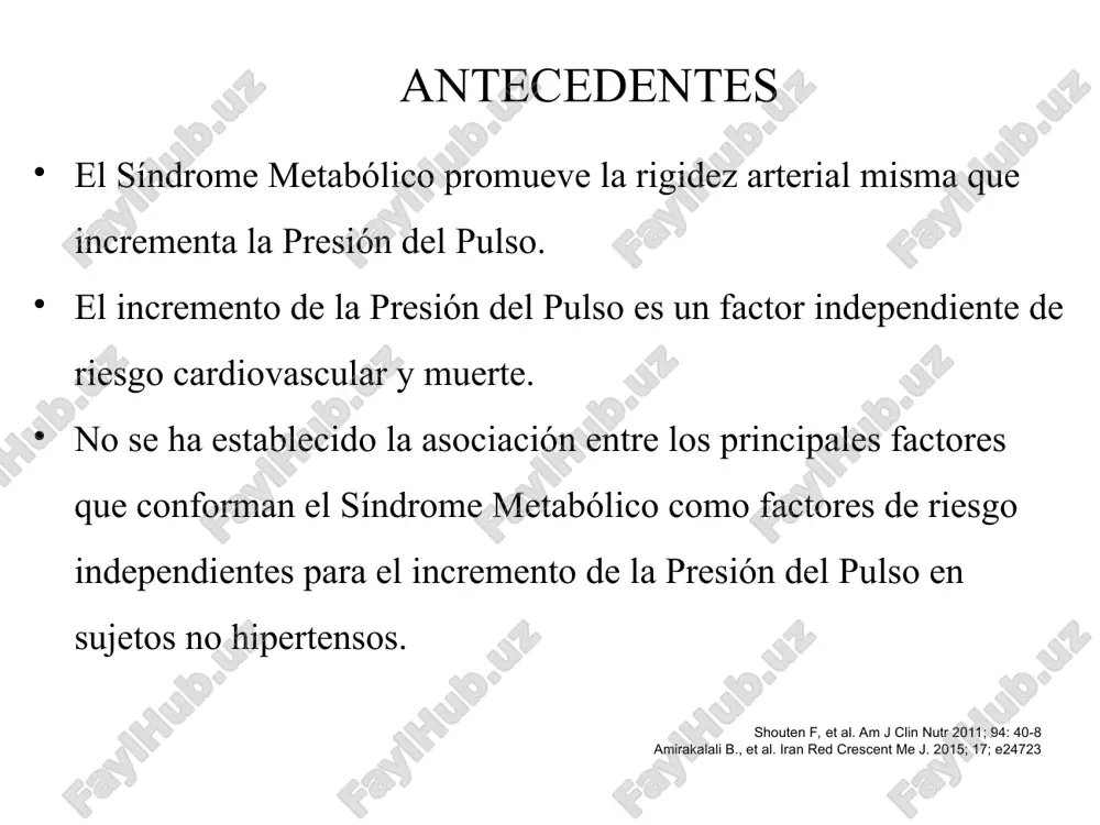 70 objetivo general determinar la asociación entre factores de riesgo independientes y el incremento de 5, 10 y 15 mmhg de presión del pulso a partir de 40 mmhg, en sujetos no hipertensos que pertenecen a la cohorte de la salud. universo de trabajo 10 662 sujetos de la cohorte 5 304 muestra 9 142 adultos 9 467 adultos 1 056 niños y adolescente 1 195 niños y adolescentes 1 414 hombres 3 890 mujeres 10 192 sujetos de la cohorte formalmente 3 838 excluidos por padecer alguna patología la presión del pulso y la sistólica aislada, son potentes predictores de proteinuria y microalbuminuria. la presión del pulso, y no la presión sistólica aislada el verdadero factor de riesgo y marcador de lesión cardiovascular y renal. universo de trabajo 10 662 sujetos de la cohorte 1 448 muestra 9 142 adultos 9 467 adultos 1 056 niños y adolescente 1 …