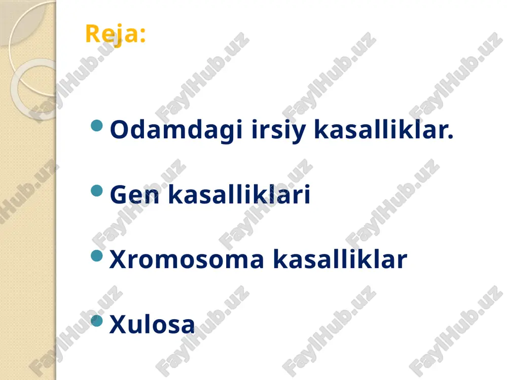 iga asosiy sabab 21-juft xromosomaning bittaga oshib kctishi natijasida diploid to’plam 47 ta bo’lib qolishidir bu kasallikning asosiy belgisi, bemorning boshi nomutanosib kichik, yuzi keng, ko’zlari kichik va bir-biriga yaqin joylashgan bo’ladi. og’zi yarim ochiq, aqliy zaif, odatda bepusht, uzoq yashamaydi bunday kasallarda yurak va yirik qon tomirlar porogi ko’p uchraydi. klaynfelter sindromi klaynfelter sindromi kasaliga uchragan bemorlarda jinsiy xromosomalar xxy, xxxy bo’lishi mumkin. bu kasalga chalingan odamlarning odatda qo’1-oyoqlari uzun, elka chanoqqa nisbatan tor, skelet tuzilishi ayollar skektiga o’xshash bo’ladi, bunday kasallik faqat erkaklarda uchraydi. bu kasallikning xxy, xxxy holati o’rtacha 500 ta boladan bittasida uchraydi. shershevskiy-terner sindromi shershevskiy-terner sindromi ayollarda ucliraydi. bunday kasalga chalingan ayollarda jinsiy xromosoma soni bittaga kamayib, xo bo’lib qoladi natijada bunday kasallarda diploid to’plamdagi xromosomalar soni 45 ta bo’ladi bunday ayollarning bo’yi juda past bo’ladi. ularda tuxumdon rivojlanmagan, ikkilamchi jinsiy belgilarjuda sust namoyon bo’ladi xulosa xulosa qilib aytganda bunday kasalliklarni oldini olish uchun maxsus …